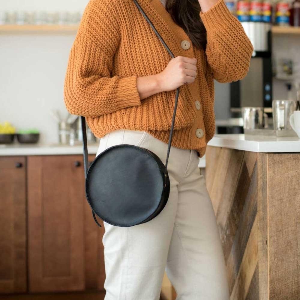 Handmade Black Leather Circle Crossbody Bag